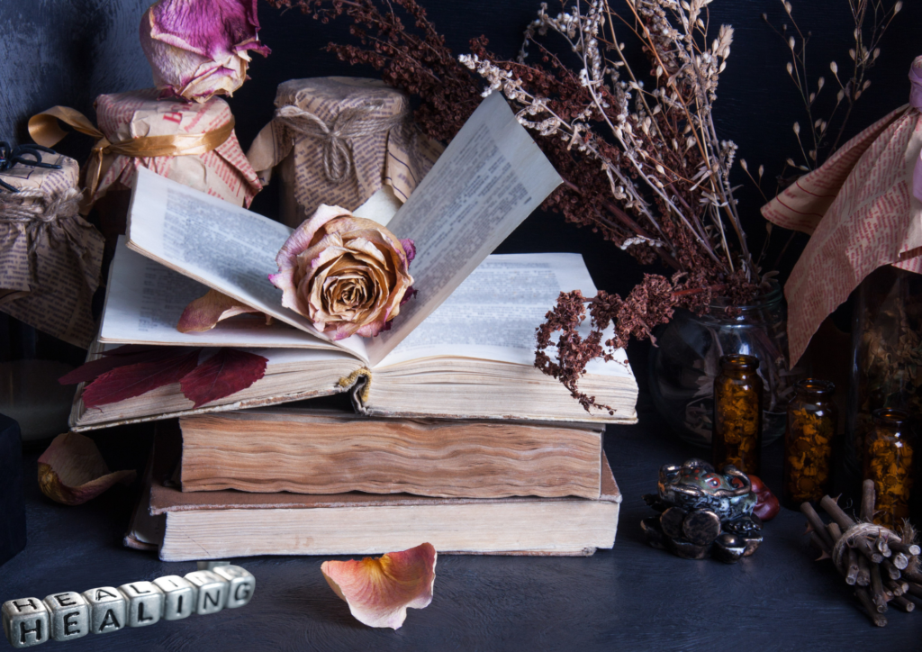 A beautiful apothecary shelf filled with natural herbs, healing crystals, and self-care tools, symbolizing the healing resources and tools available to rediscover joy and inner peace